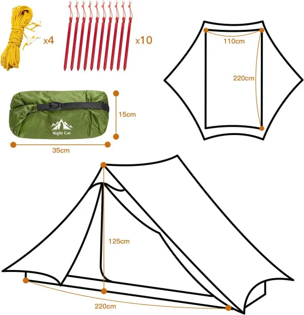 Night Cat 2 person tent dimensions, 200 x 110 x 125cm, packs to 35 x 15cm with 10 pegs and 4 guylines 