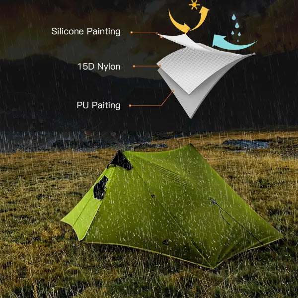 Night Cat 2 person tent in heavy rain, showing the silicone and PU coated 15D nylon fabric 