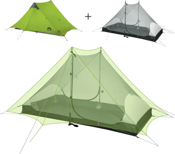 Night Cat 2 person tent rainfly and mesh inner tent shown separately and combined 