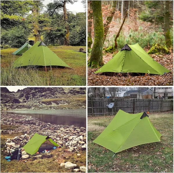 Night Cat 2 person tent pitched in four different outdoor locations 