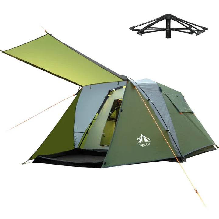 Night Cat 3 person pop-up cabin tent in green with the front porch canopy raised and the pop-up hub frame