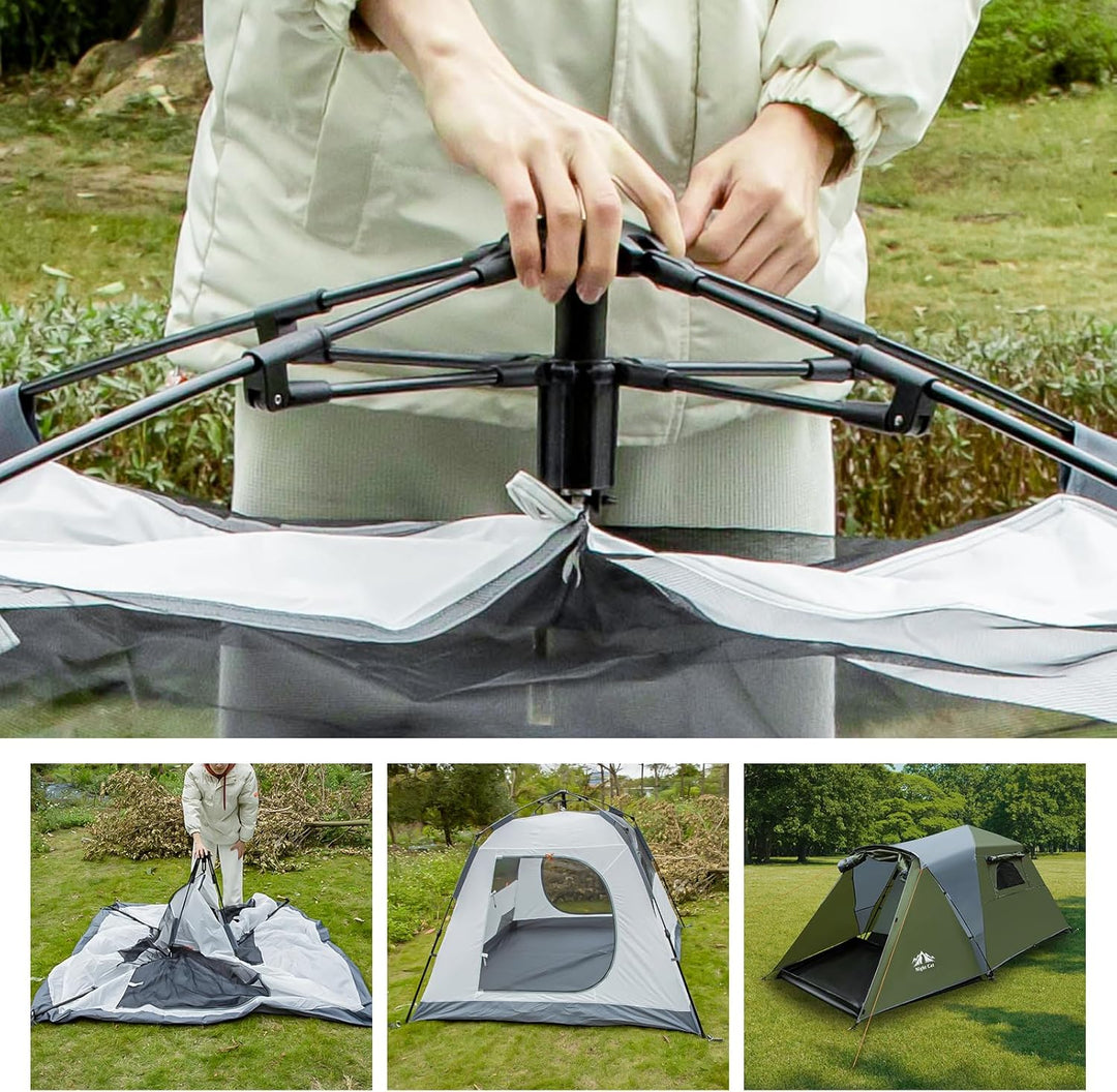 Setting up the Night Cat pop-up cabin tent by pulling up the central hub