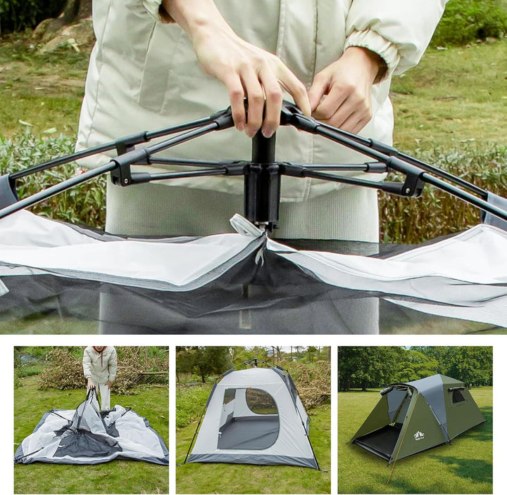Setting up the Night Cat pop-up cabin tent by pulling up the central hub