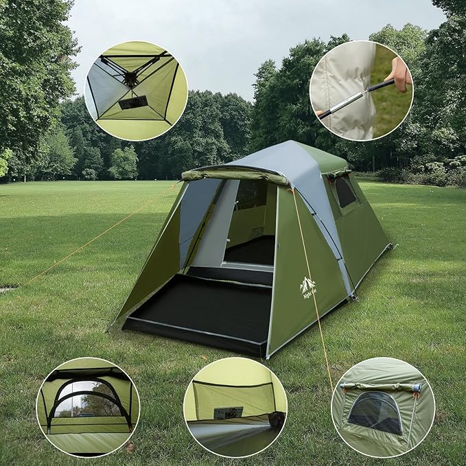 Night Cat pop-up cabin tent pitched on grass with close-ups of the vents, door, mesh windows and guylines
