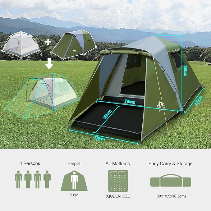 Night Cat pop-up cabin tent dimensions and capacity: 4 people, fits a queen air mattress, packs into a carry bag