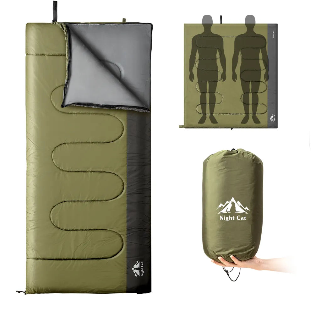 Night Cat 3 season sleeping bag in olive green, open, with compression sack