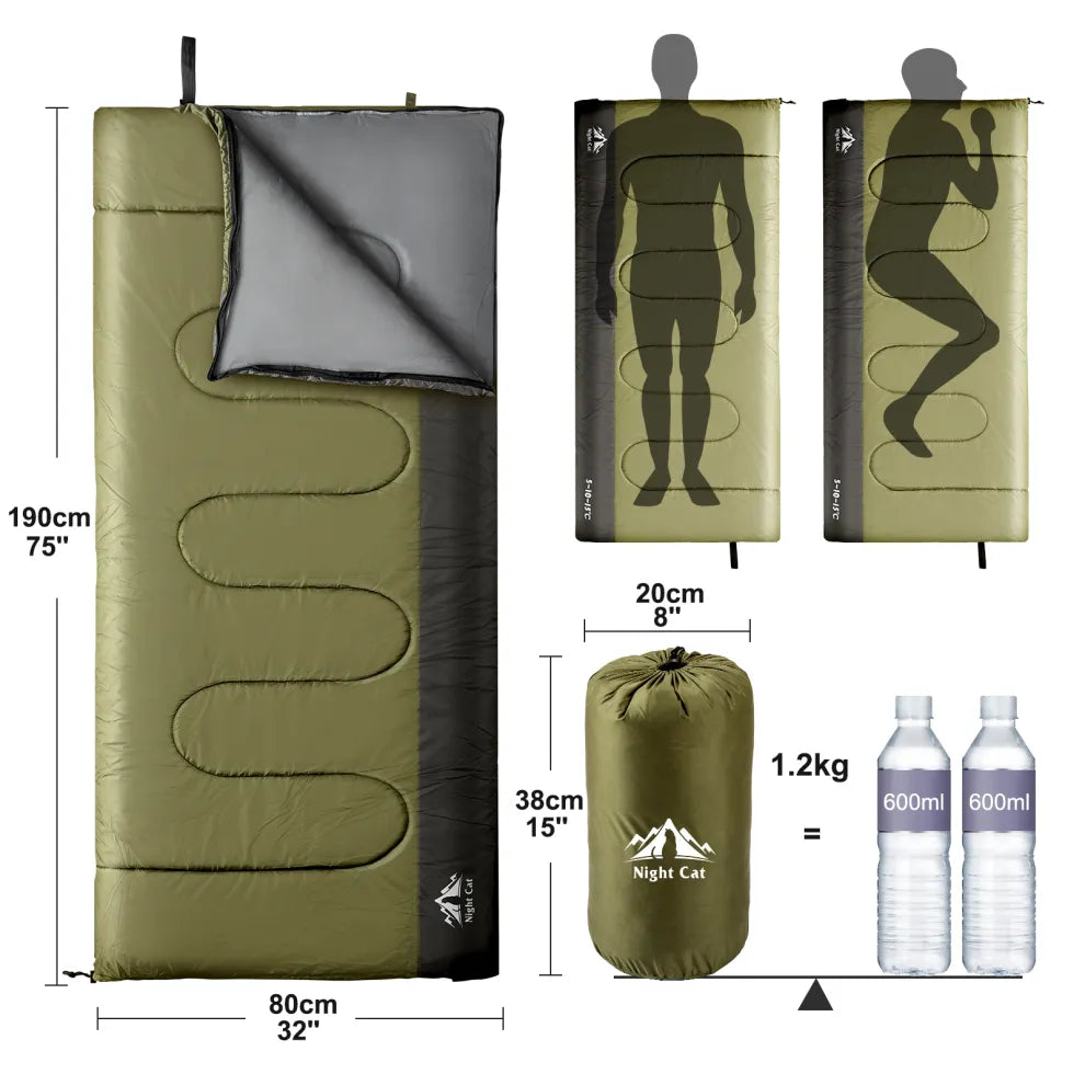 Night Cat sleeping bag dimensions: 190 x 80cm open, packs to 38 x 20cm and weighs 1.2kg