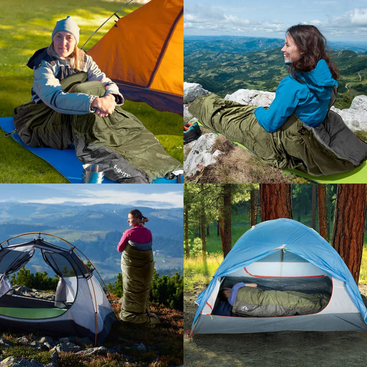 Night Cat sleeping bag used while camping, in a tent and on a hillside