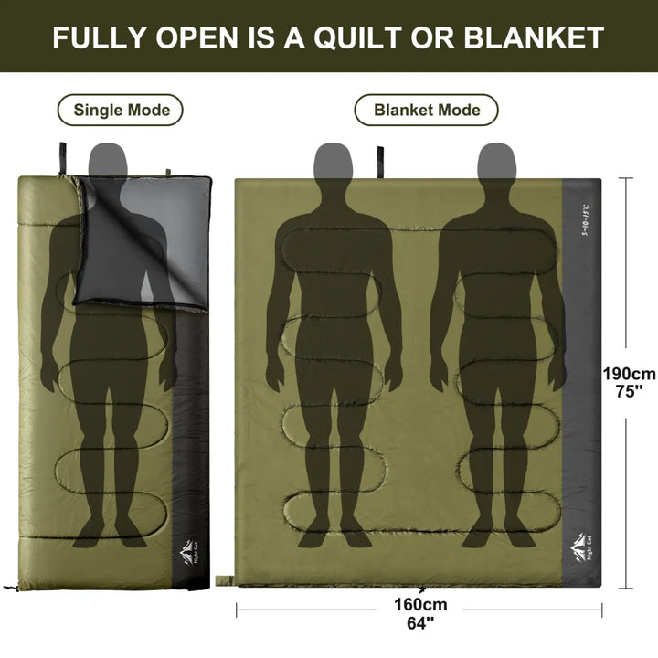 Night Cat sleeping bag fully opens into a quilt or blanket, single mode and blanket mode shown