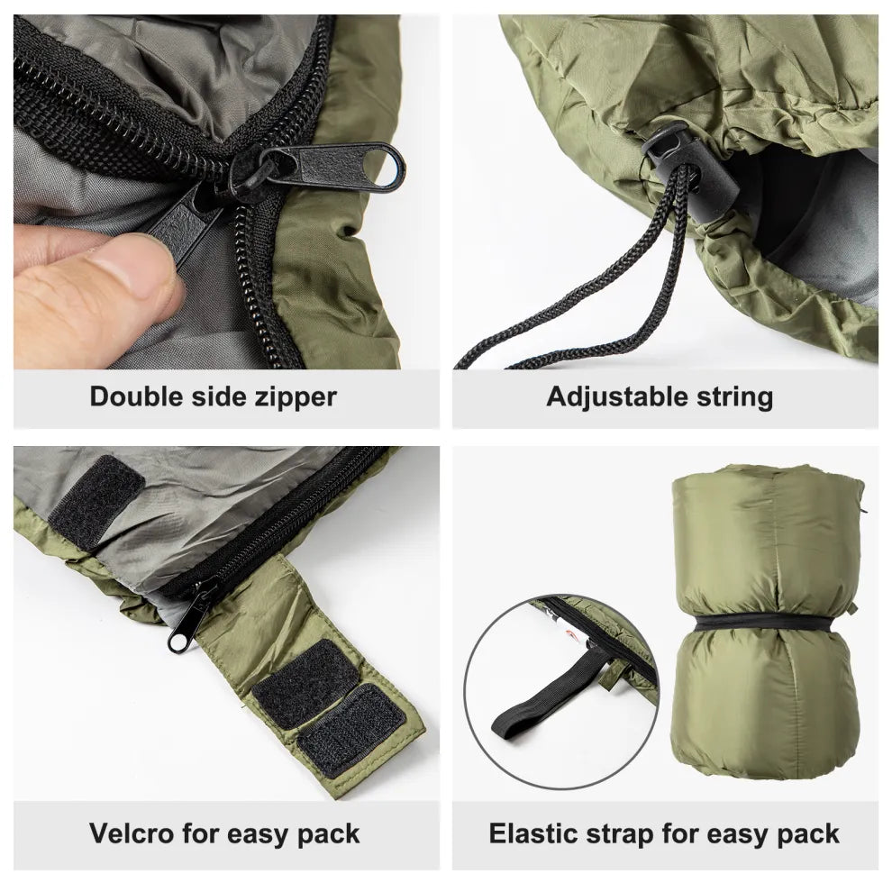 Night Cat sleeping bag details: double-sided zip, adjustable drawcord, velcro tab and elastic strap for packing