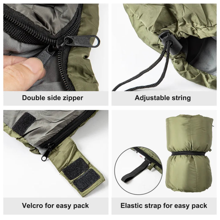 Night Cat sleeping bag details: double-sided zip, adjustable drawcord, velcro tab and elastic strap for packing