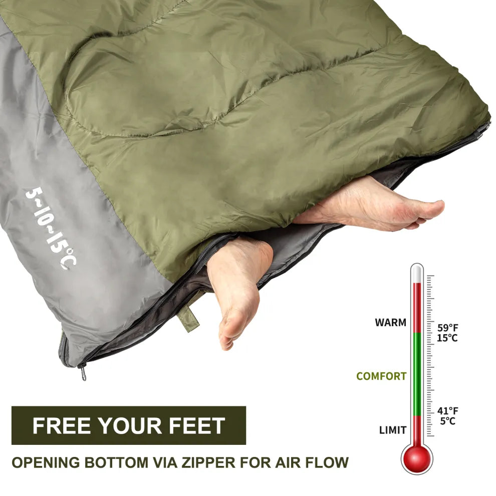 Night Cat sleeping bag foot zip opens for airflow, with a comfort temperature guide