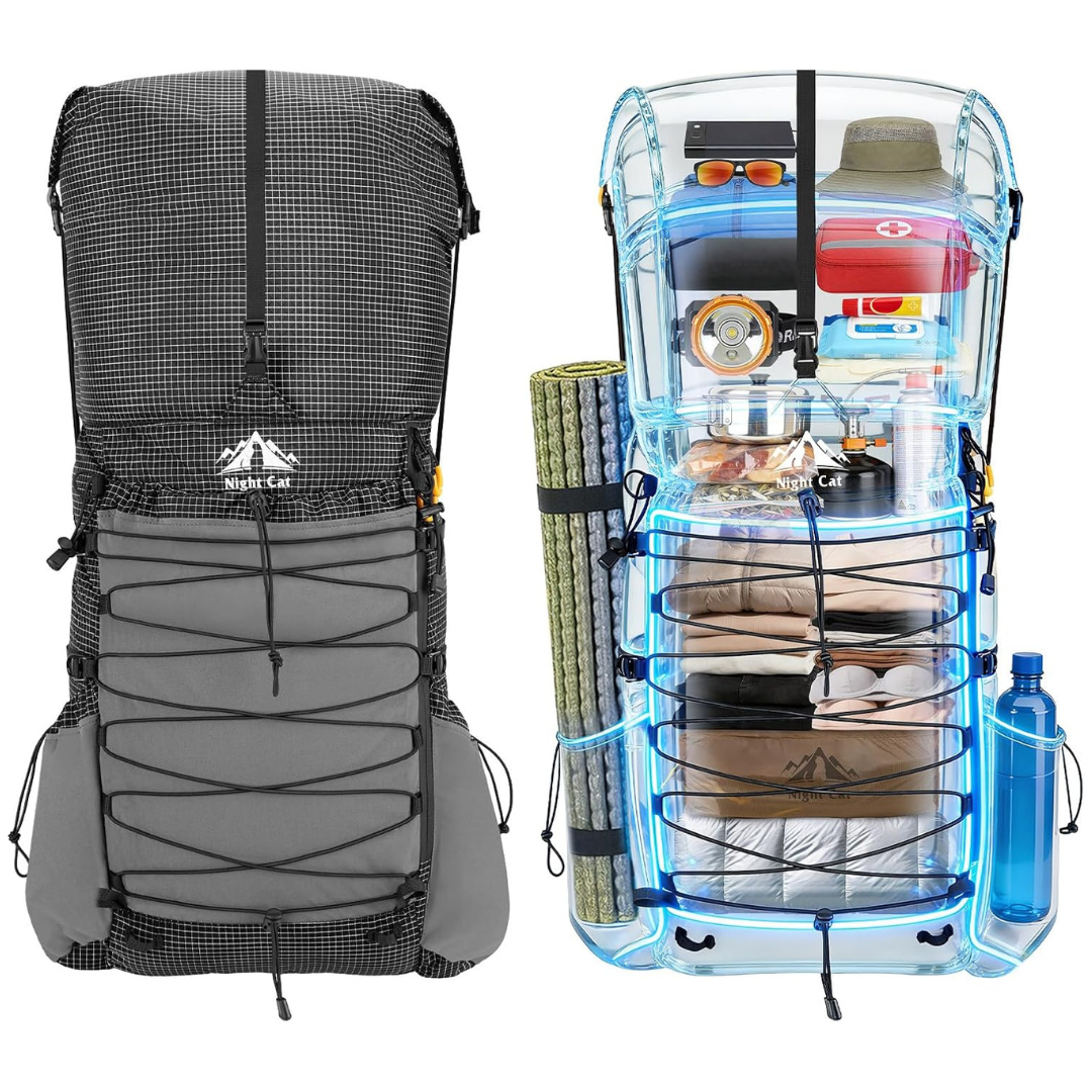 Cutaway of the Night Cat 70L backpack packed with a sleeping mat, clothes, food and water bottle showing its capacity