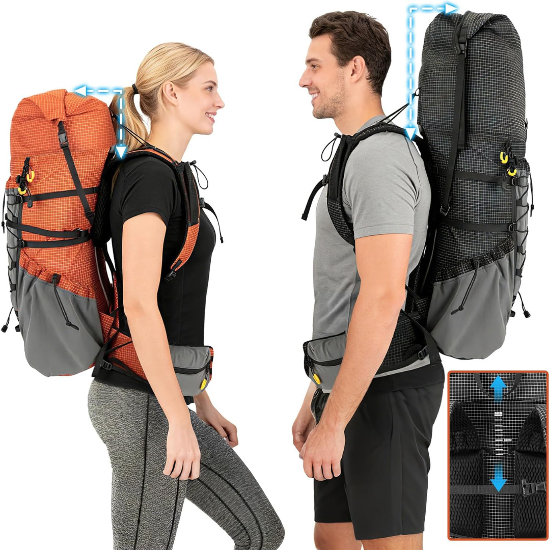 Man and woman wearing the Night Cat 70L backpack, showing the adjustable fit for different body sizes