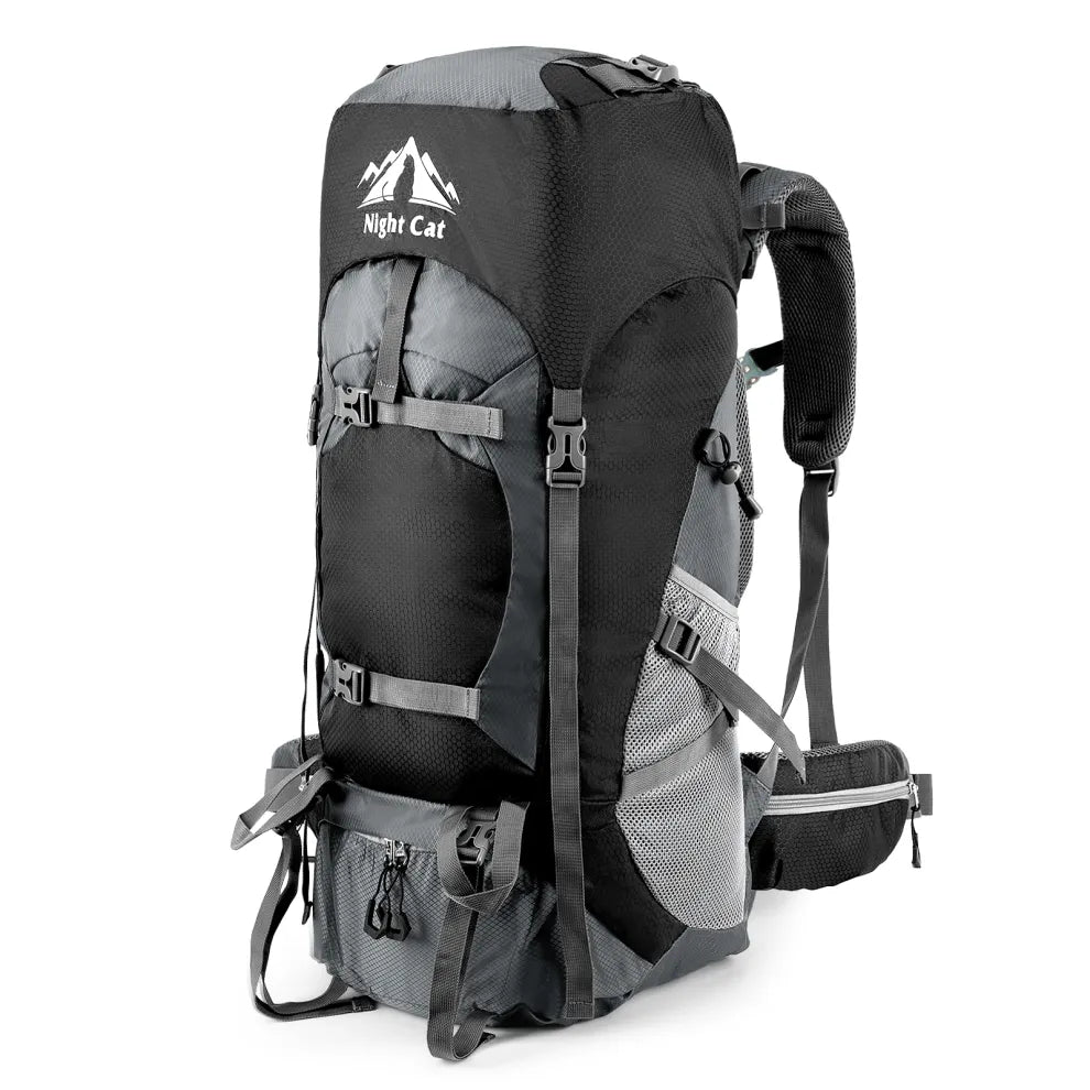 Night Cat 70L black hiking backpack with multiple straps and compartments, designed for durability and comfort during long outdoor adventures.