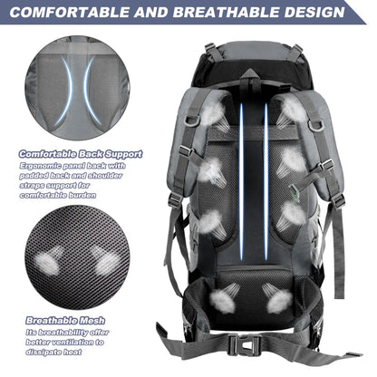 Night Cat 70L backpack with ergonomic back support and breathable mesh design, providing comfort and ventilation during outdoor activities.