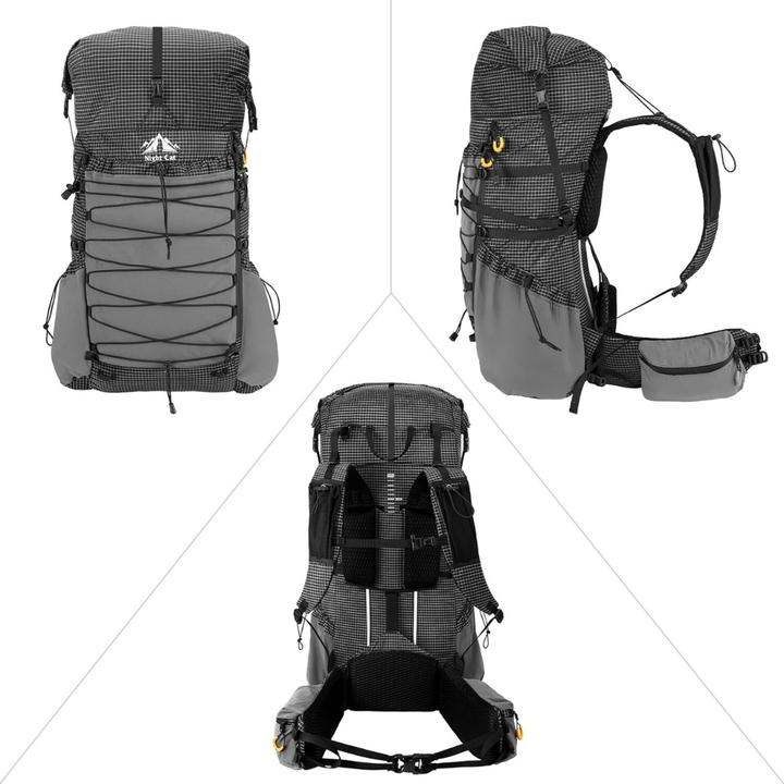 Front, side and back views of the black Night Cat 70L roll-top hiking backpack