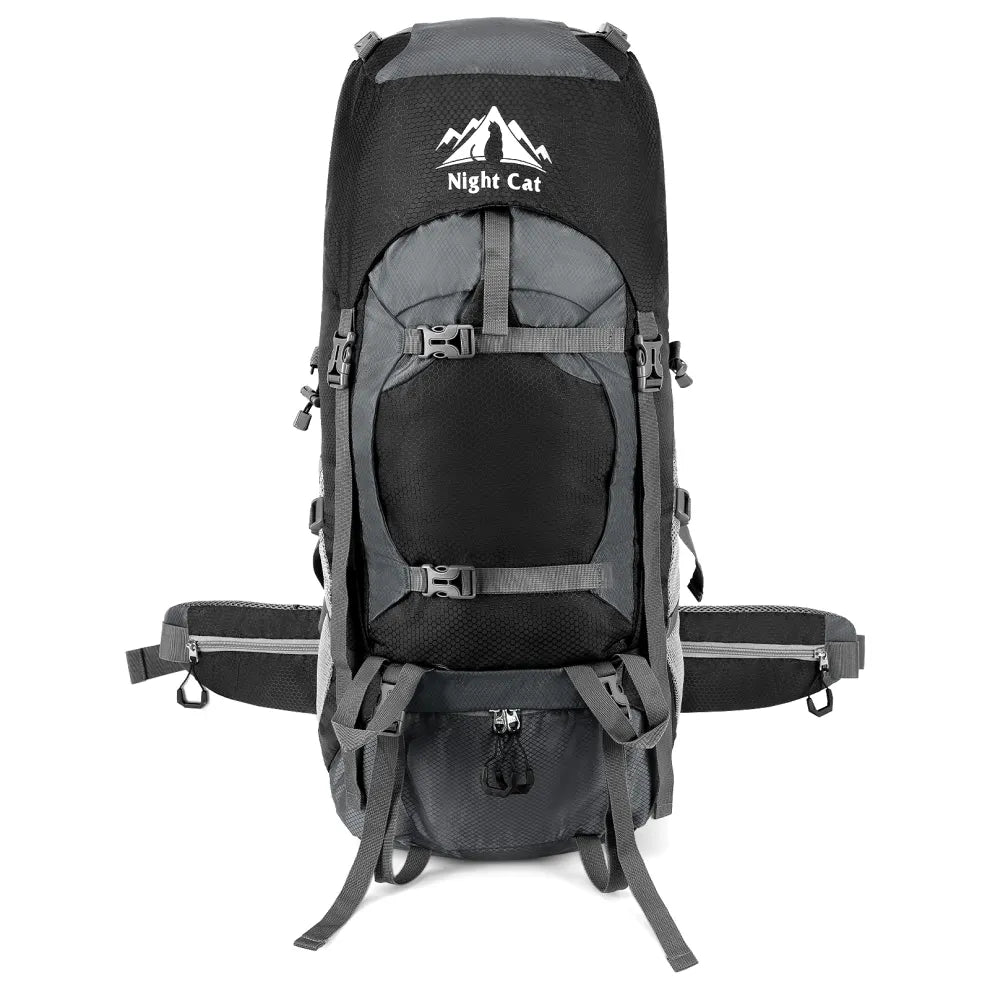 Front view of the Night Cat 70L black hiking backpack, featuring multiple adjustable straps, a padded back panel, and spacious compartments for outdoor gear.