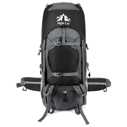 Front view of the Night Cat 70L black hiking backpack, featuring multiple adjustable straps, a padded back panel, and spacious compartments for outdoor gear.