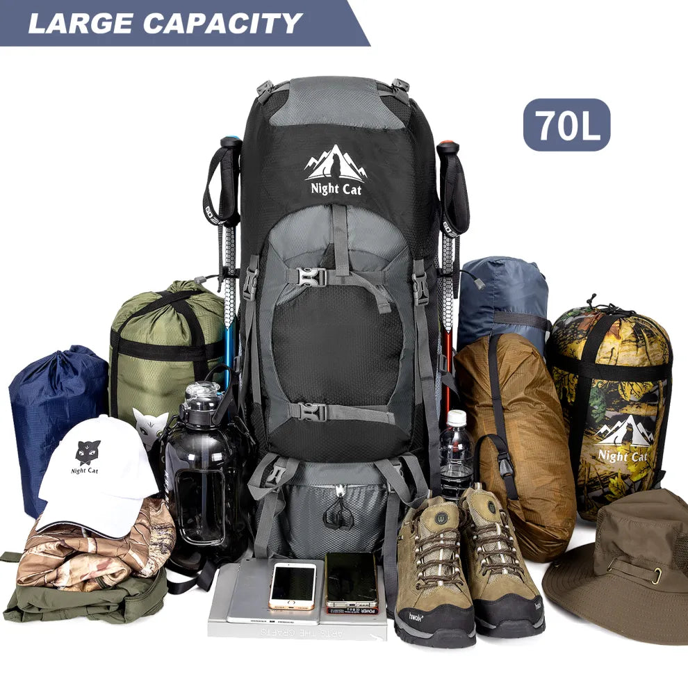 Night Cat 70L backpack displayed with various camping gear including tents, boots, water bottles, and clothing, showcasing its large capacity and versatility for outdoor adventures.