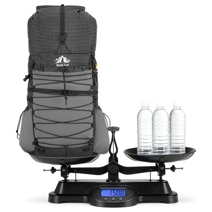 Night Cat 70L backpack weighed on a scale at 1.5kg next to three water bottles, showing its lightweight build