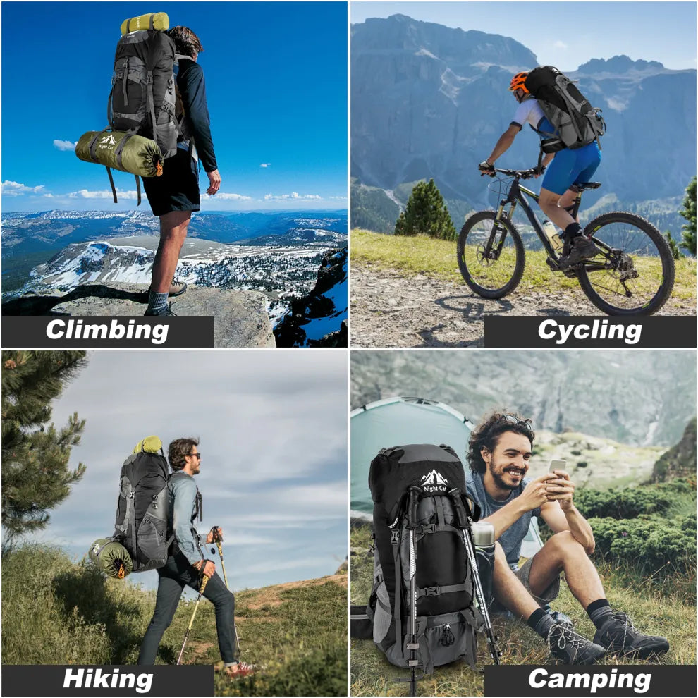 Night Cat 70L backpack showcased for various outdoor activities including climbing, cycling, hiking, and camping, highlighting its versatility and durability for adventure enthusiasts.