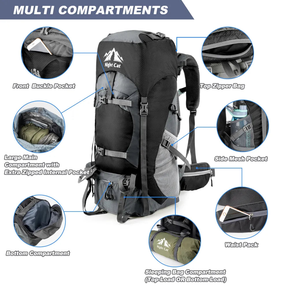 Night Cat 70L backpack showing multiple compartments, including front buckle pocket, top zipper bag, large main compartment, side mesh pocket, waist pack, and sleeping bag compartment for organised storage.