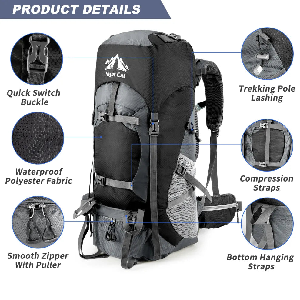 Night Cat 70L backpack highlighting key product details including quick switch buckle, waterproof polyester fabric, smooth zipper with puller, trekking pole lashing, compression straps, and bottom hanging straps.