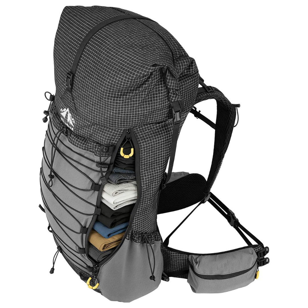 Night Cat 70L backpack with a stretch side pocket holding clothing, highlighting its external storage