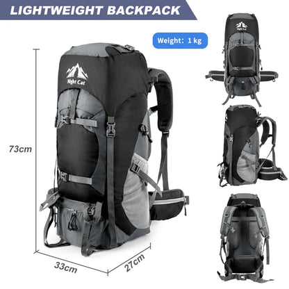 Night Cat 70L lightweight backpack with dimensions of 73cm height, 33cm width, and 27cm depth, weighing only 1kg, shown from multiple angles for detailed product view.