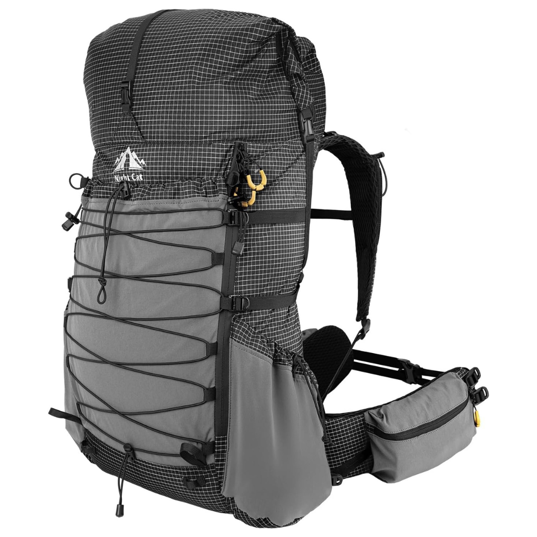 Night Cat 70L roll-top hiking backpack in black, front view showing bungee storage and hip-belt pockets