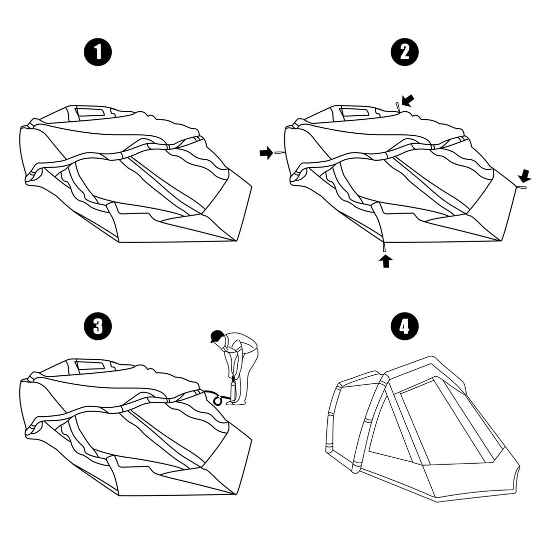 Night Cat 8 person inflatable tent setup shown in four steps