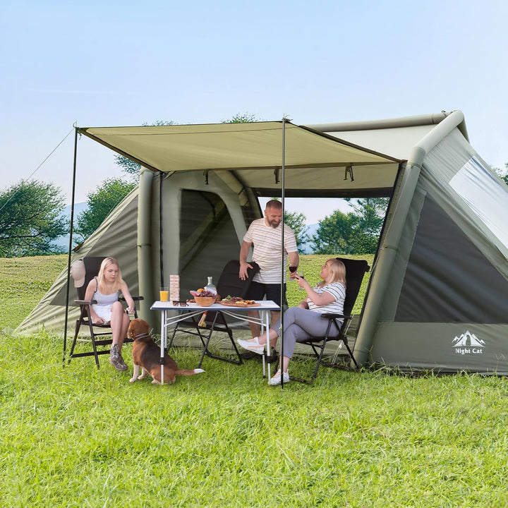 Family and dog relaxing under the canopy of the Night Cat 8 person inflatable tent