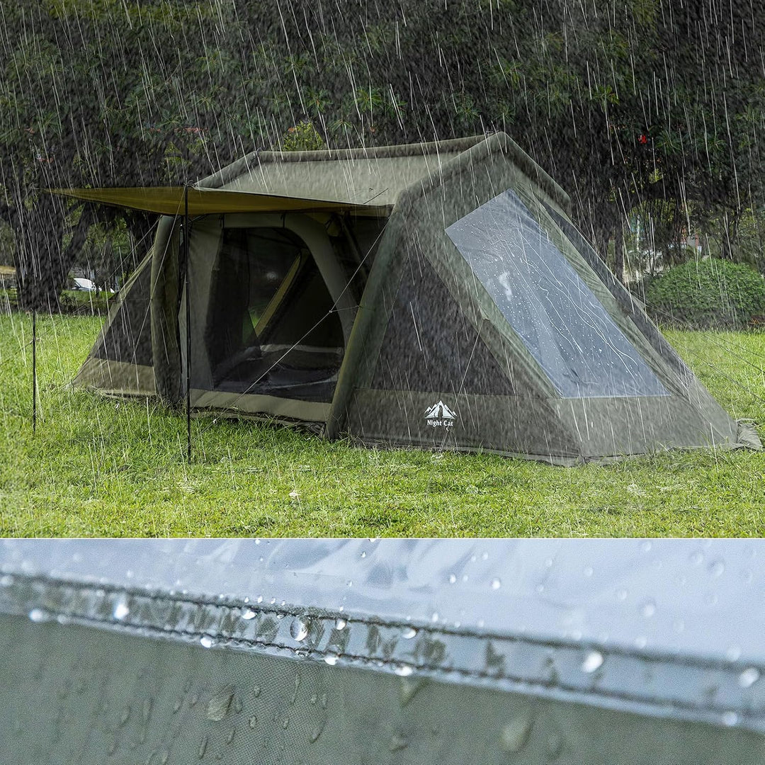 Night Cat 8 person inflatable tent in heavy rain, with water running off the waterproof fabric
