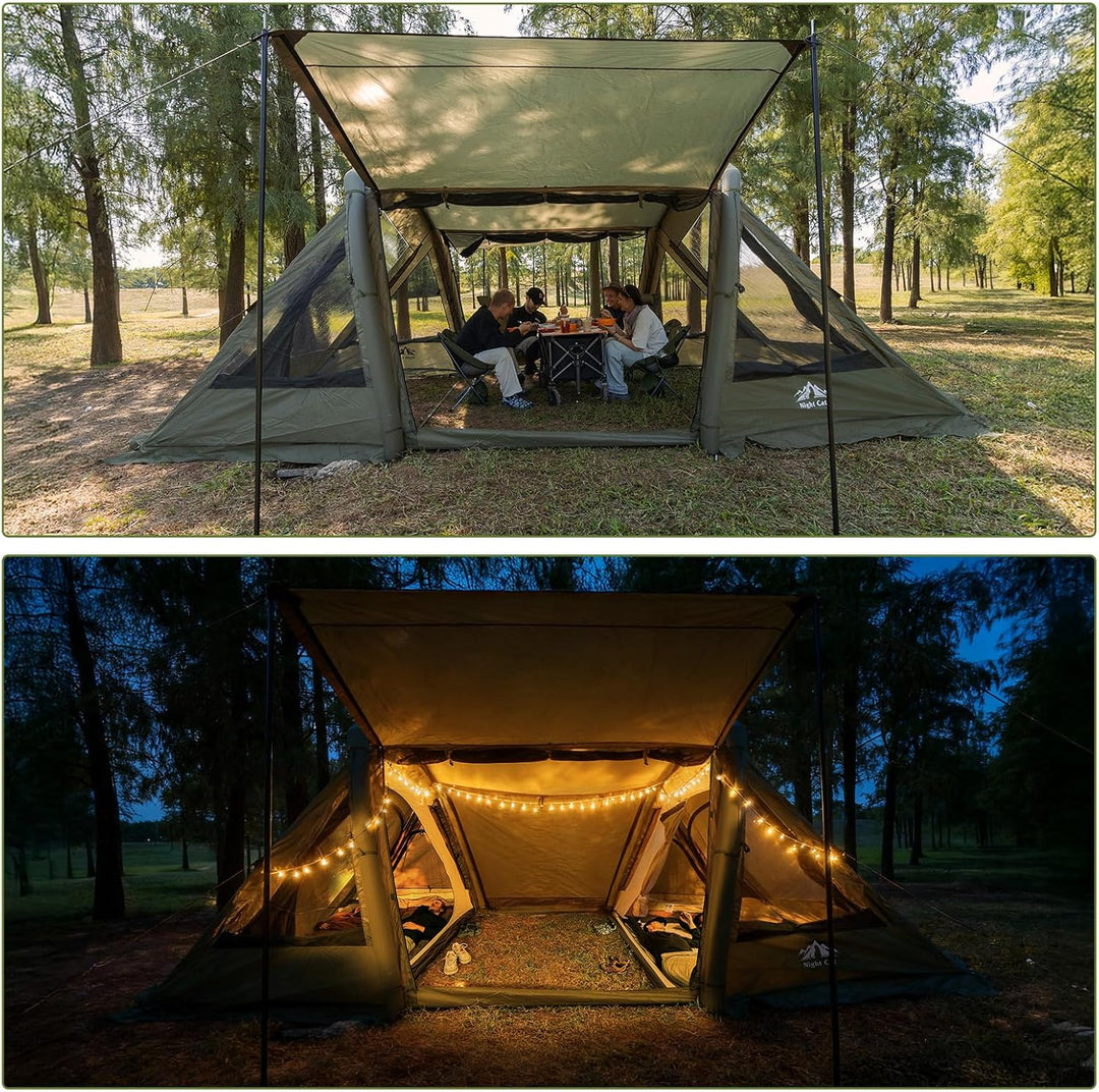 Night Cat 8 person inflatable tent by day and lit up at night under its canopy