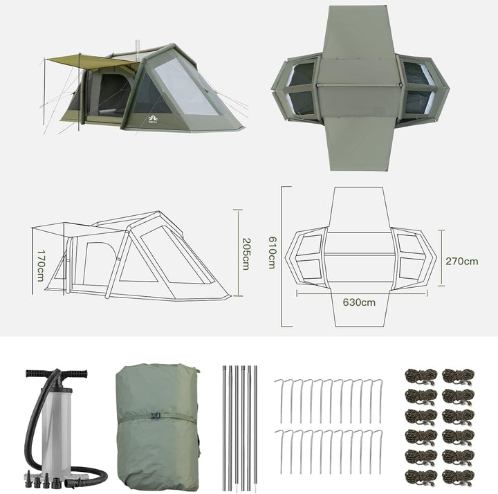 Night Cat 8 person inflatable tent dimensions and included pump, poles, pegs and guylines
