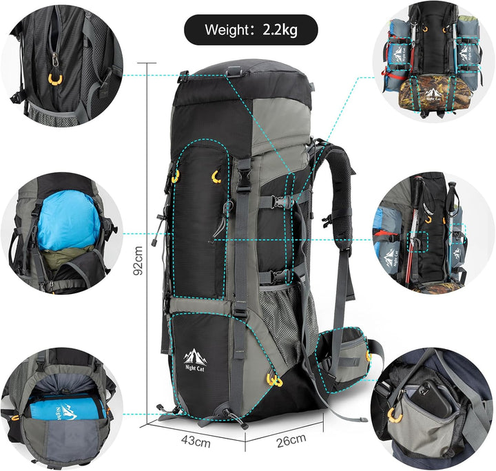 90L Night Cat backpack feature overview — dimensions 43x92x26cm, 2.2kg, padded straps, side pockets and gear attachment points