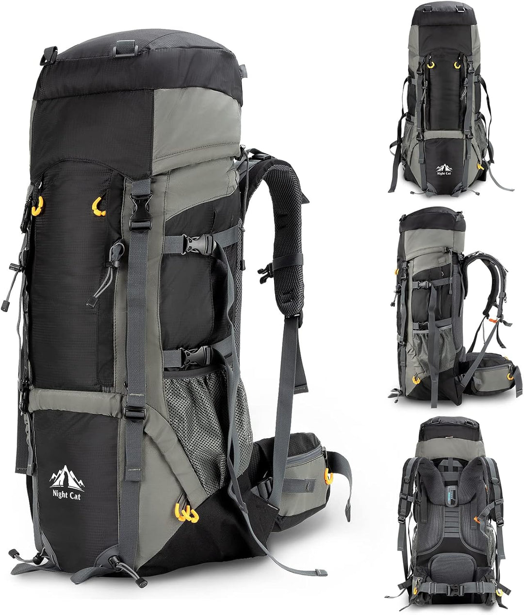 Front, back and side views of the black 90L Night Cat internal-frame hiking backpack