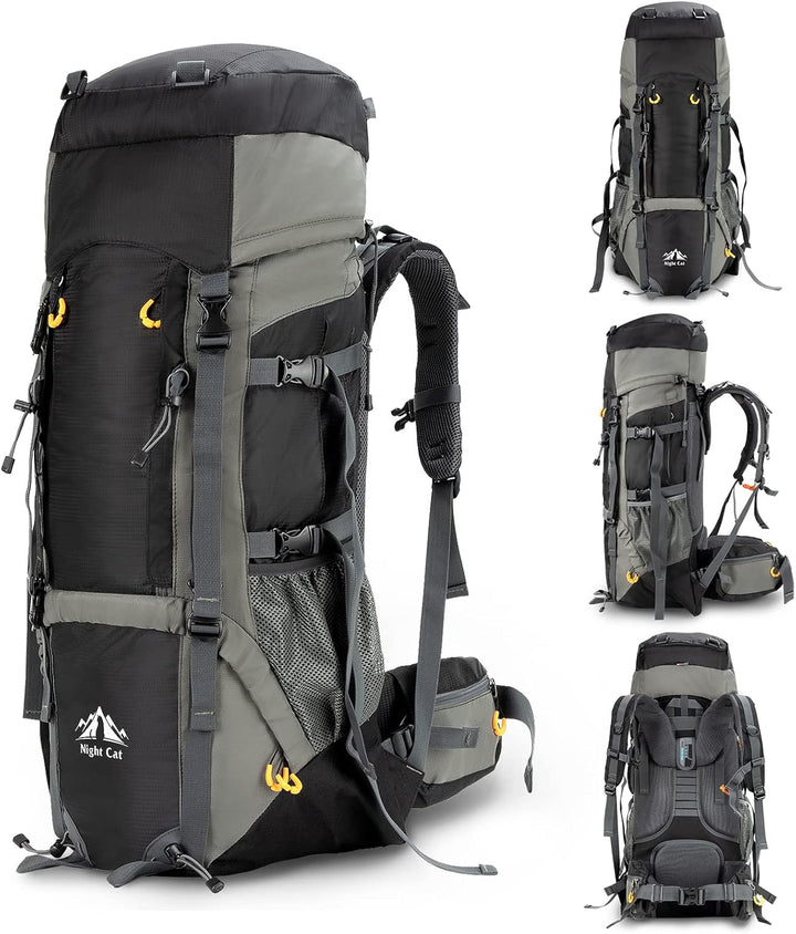 Front, back and side views of the black 90L Night Cat internal-frame hiking backpack