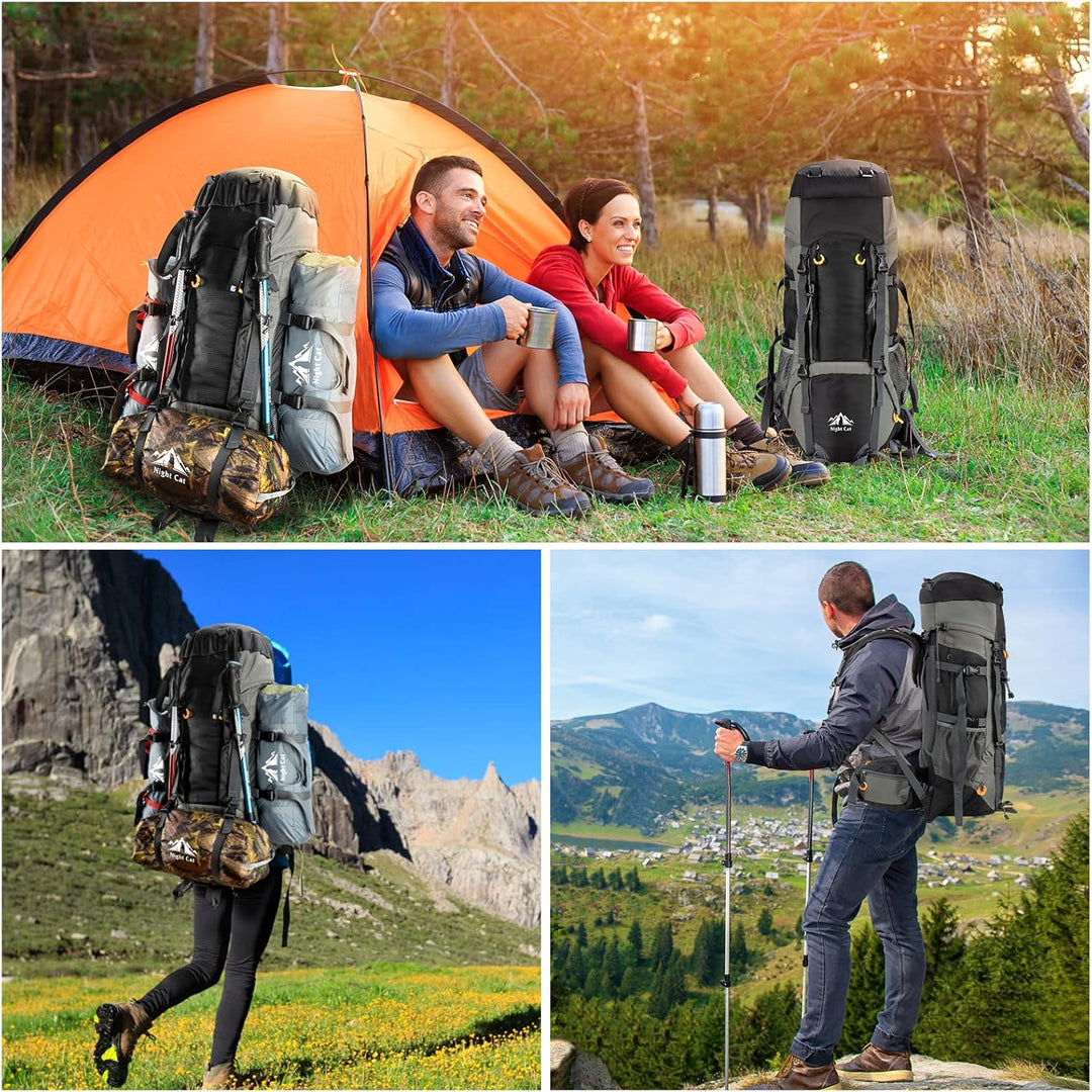 People using the 90L Night Cat backpack while camping and hiking in the mountains