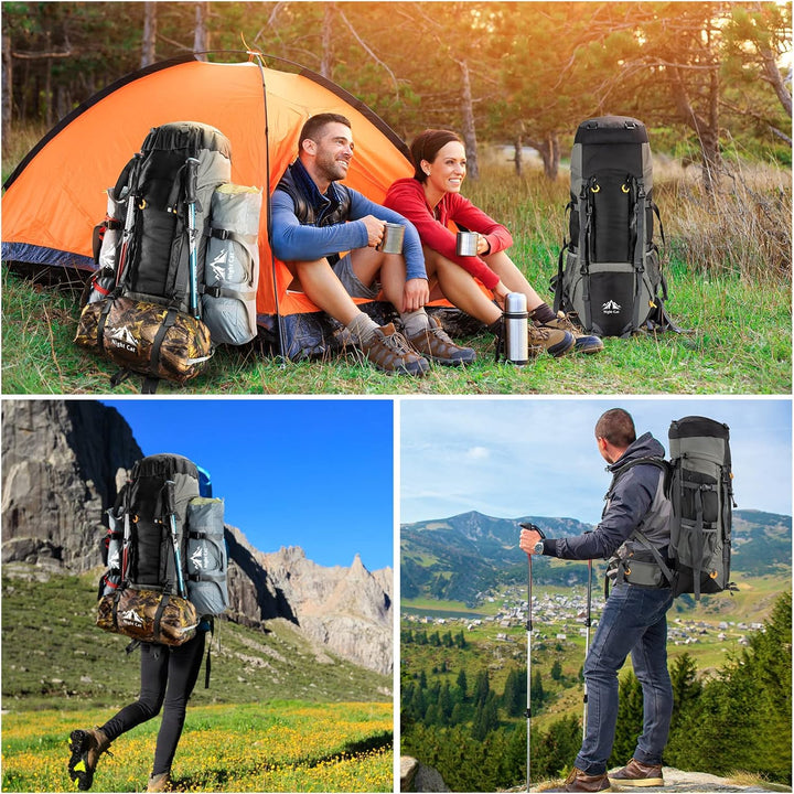 People using the 90L Night Cat backpack while camping and hiking in the mountains