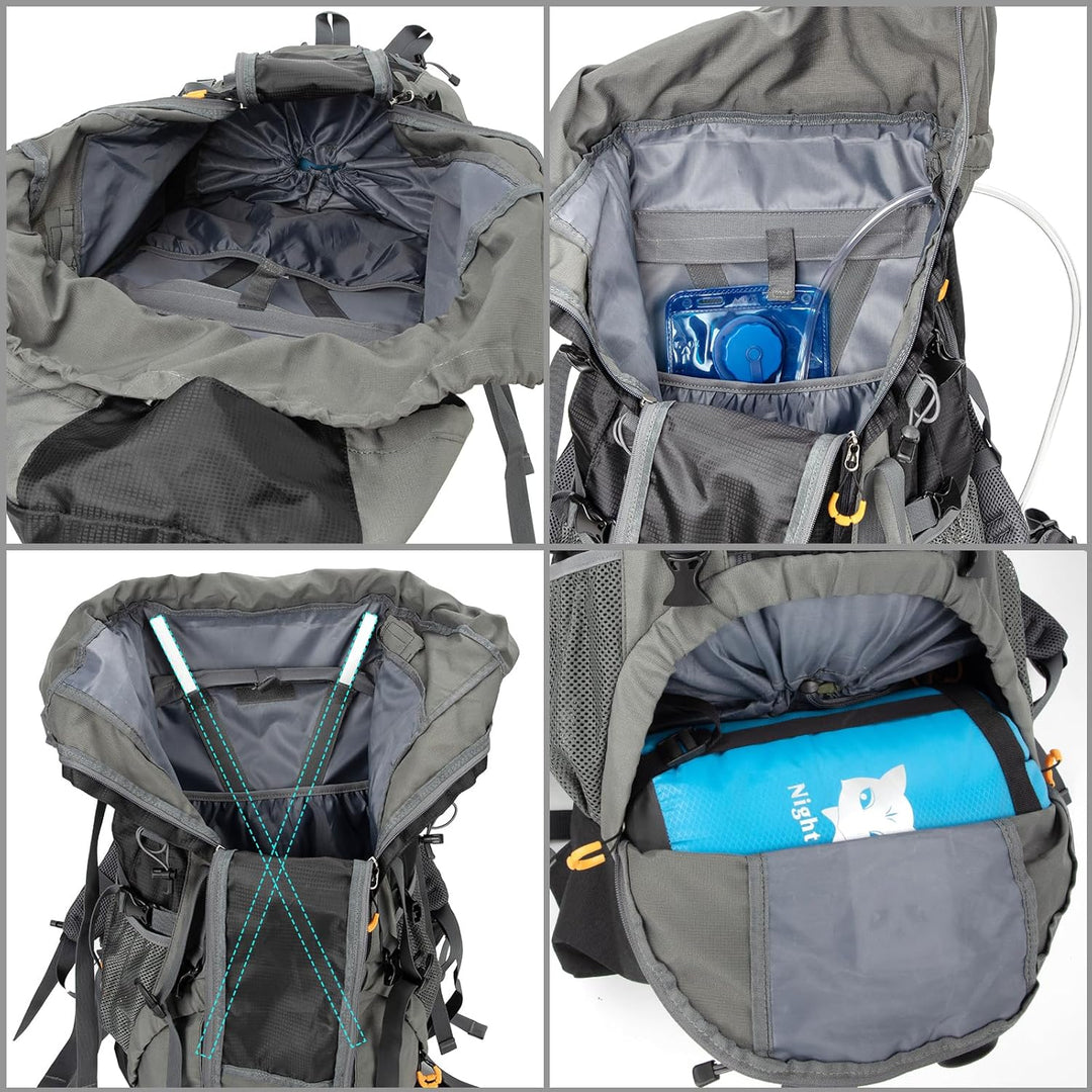 Interior views of the 90L Night Cat backpack showing the main compartment, internal hydration sleeve, frame stays and bottom sleeping-bag compartment