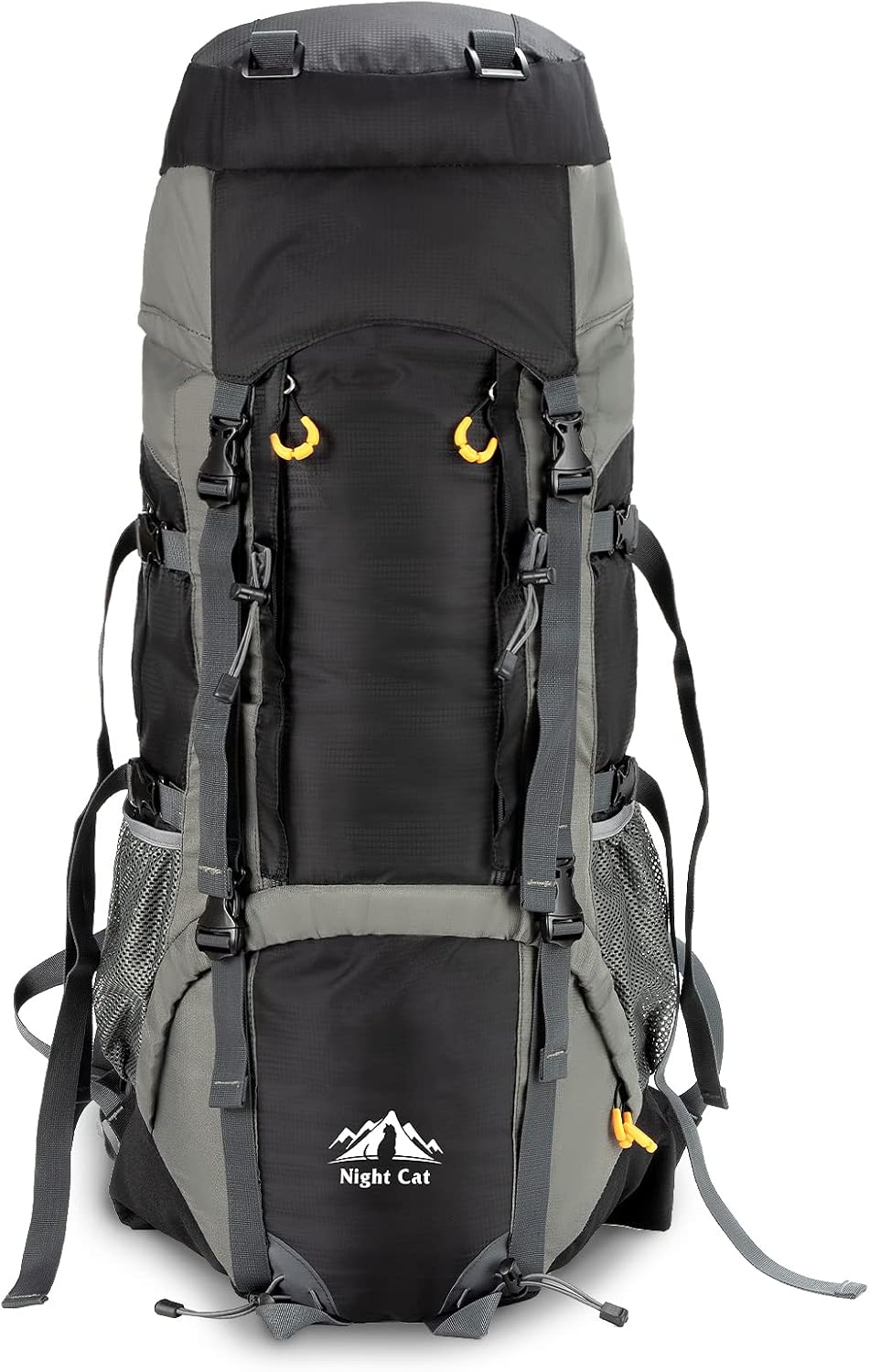 90L Night Cat internal-frame hiking backpack in black, front view showing the top lid, bungee storage and hip belt