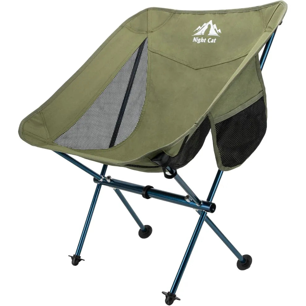 Night Cat portable camping chair in olive green with mesh sides and a sturdy frame, designed for comfort and durability during outdoor adventures.