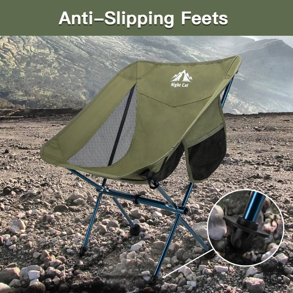 Night Cat camping chair with anti-slip feet, designed for stability on uneven or rugged outdoor terrain, shown in a rocky environment with a close-up of the foot design.