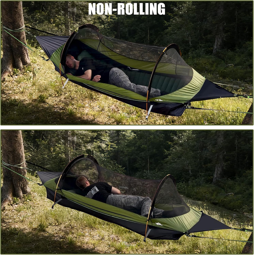 Night Cat flat-lay hammock demonstrating its non-rolling stable design with a person lying inside, in green and camouflage