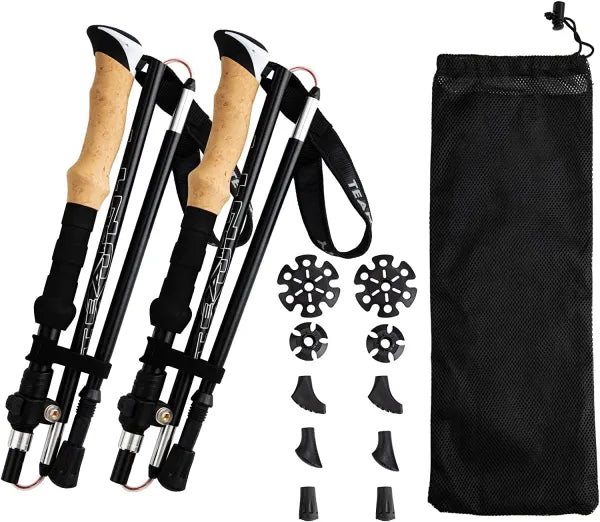 Night Cat folding trekking poles pair with cork grips, interchangeable tips, snow baskets and storage bag