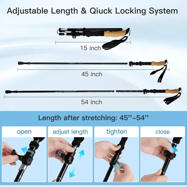 Night Cat folding trekking poles adjust from 45 to 54 inches with a quick flip lock, shown in four steps