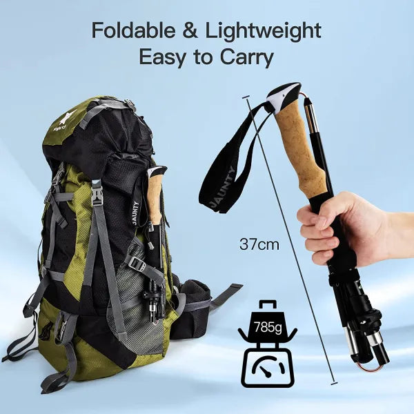 Night Cat folding trekking pole folds to 37cm and weighs 785g, shown next to a rucksack