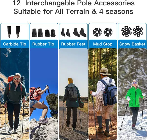 Night Cat trekking pole accessories for all terrain: carbide tip, rubber tip, rubber feet, mud stop and snow basket